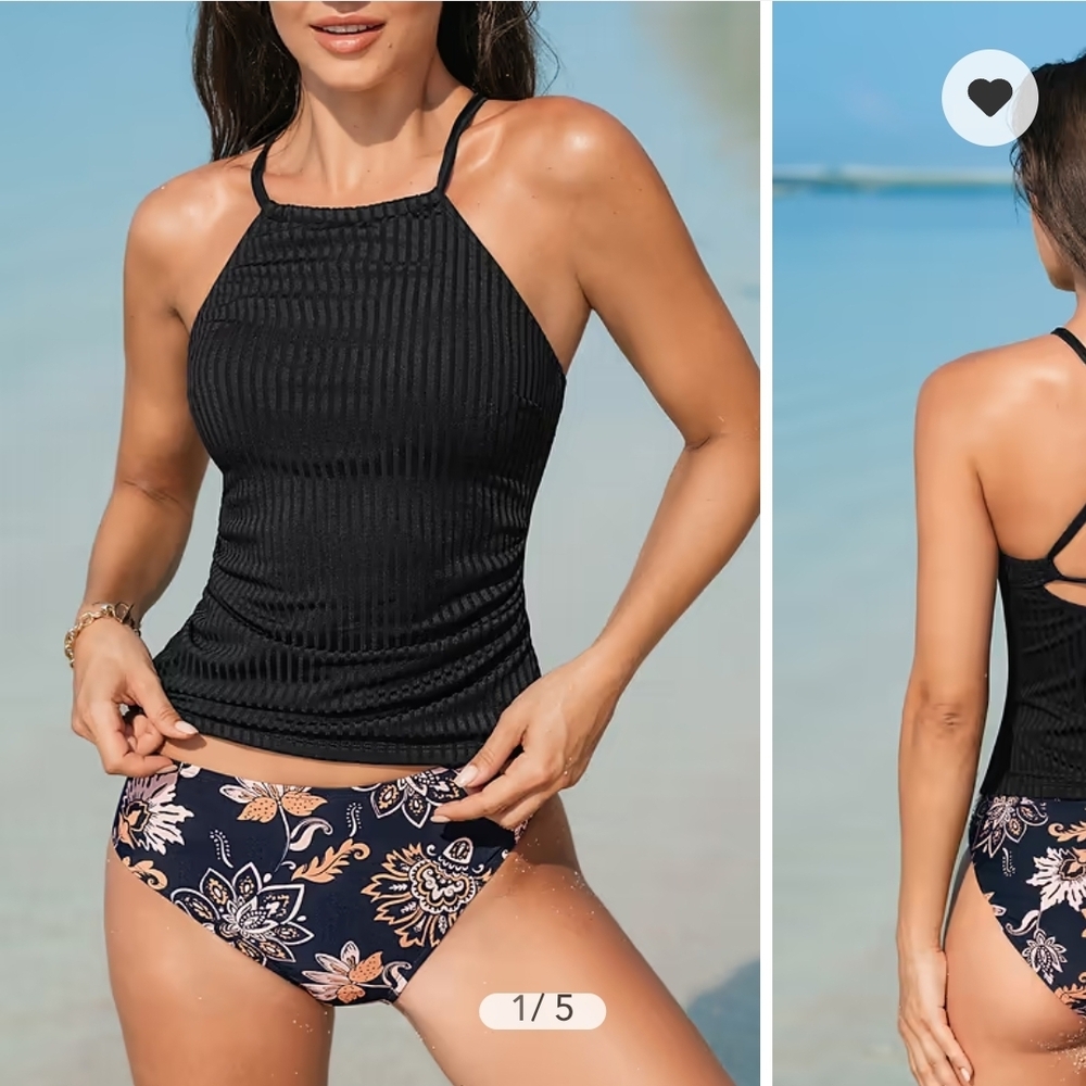 Cupshe Black High Neck Tankini Top and Standard Paisley Bottoms Set